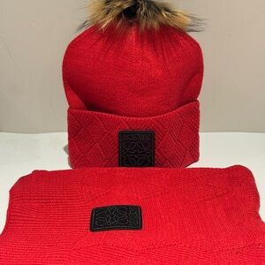Loewe Red Knit Hat with Fur Pom